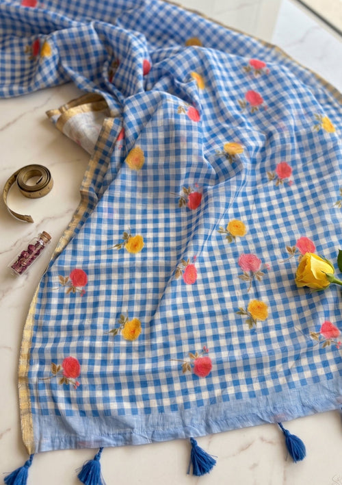 Blue checked cotton linen saree