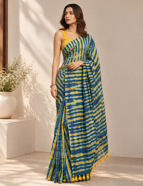 Blue and yellow tie-dye saree detail