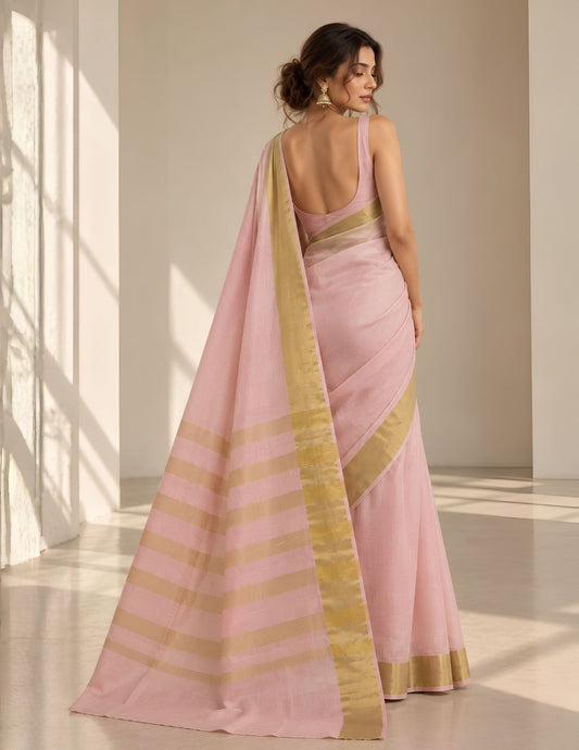 Soft pink Kerala silk saree back view