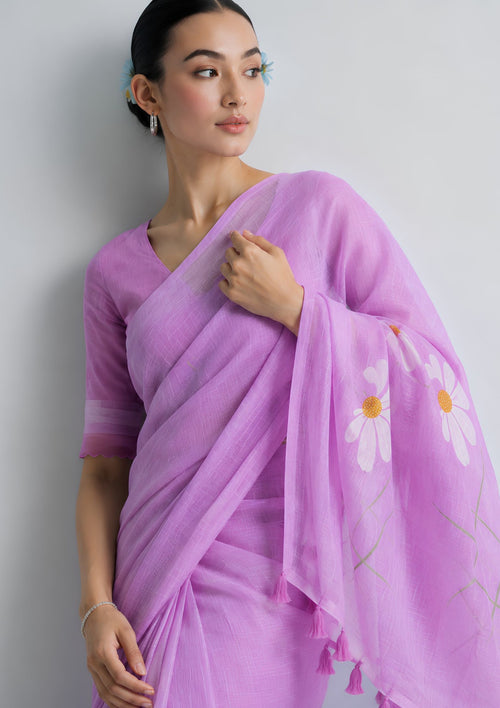 Lilac cotton linen saree floral detail
