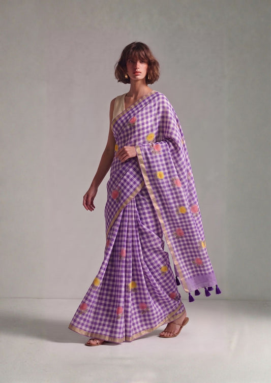 Purple checked cotton linen saree detail