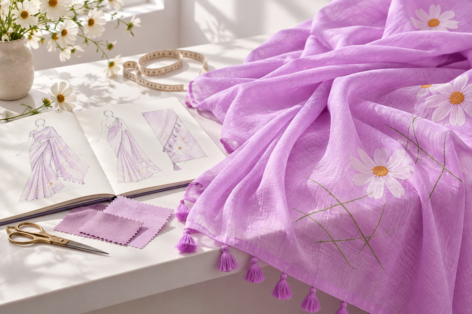 Lilac saree fabric and a fashion sketchbook