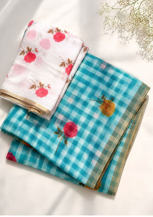Aqua blue checked cotton linen saree with attached blouse