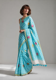 Blue Crush Check Cotton Linen Saree