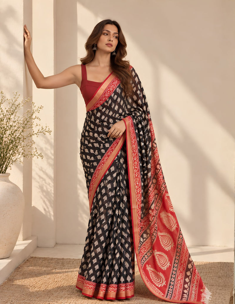 Black and red printed cotton saree detail