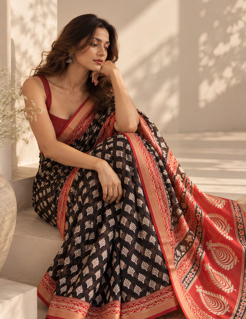 Black and red printed cotton saree detail