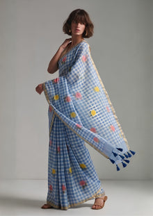 Blue Hour Checked Cotton Linen Saree