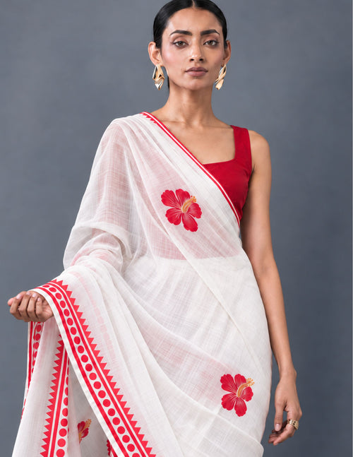 Pure cotton hand painted red and white saree detail