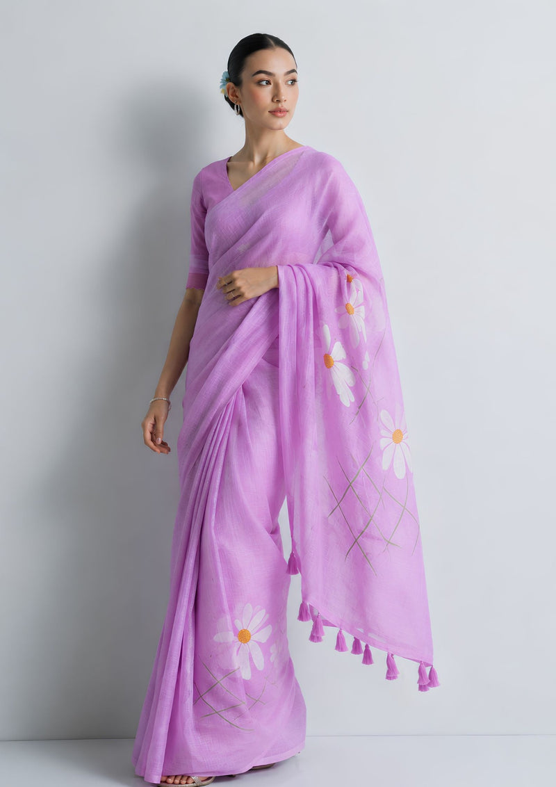 Lilac cotton linen saree with white floral motifs