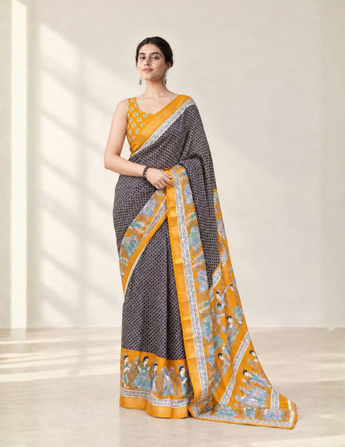 Black and mustard Malai silk Madhubani saree