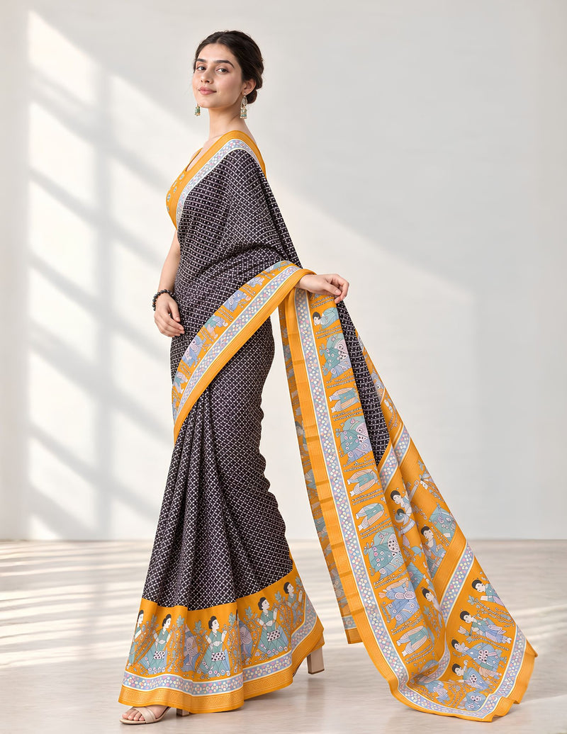 Black and mustard Malai silk saree with printed Madhubani motifs