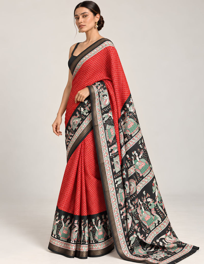 Laal Shada red and black Madhubani print Malai Silk saree with blouse