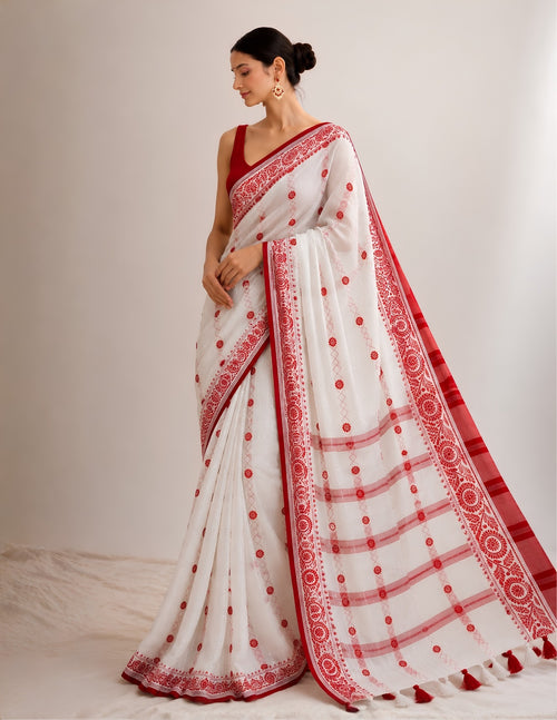 Laal Shada red and white handwoven cotton saree